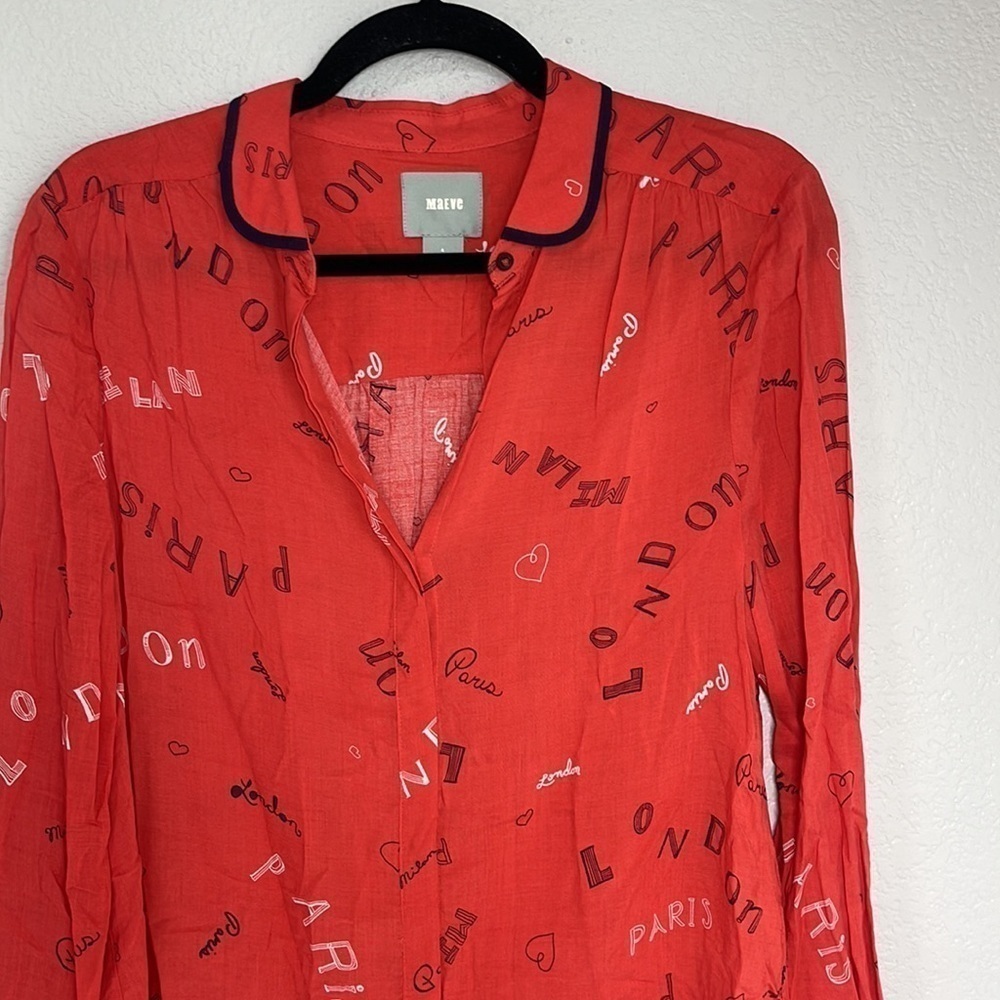 Anthropologie Maeve London Paris Print Button Down Long Sleeve Blouse Top Size 4 - Picture 2 of 10